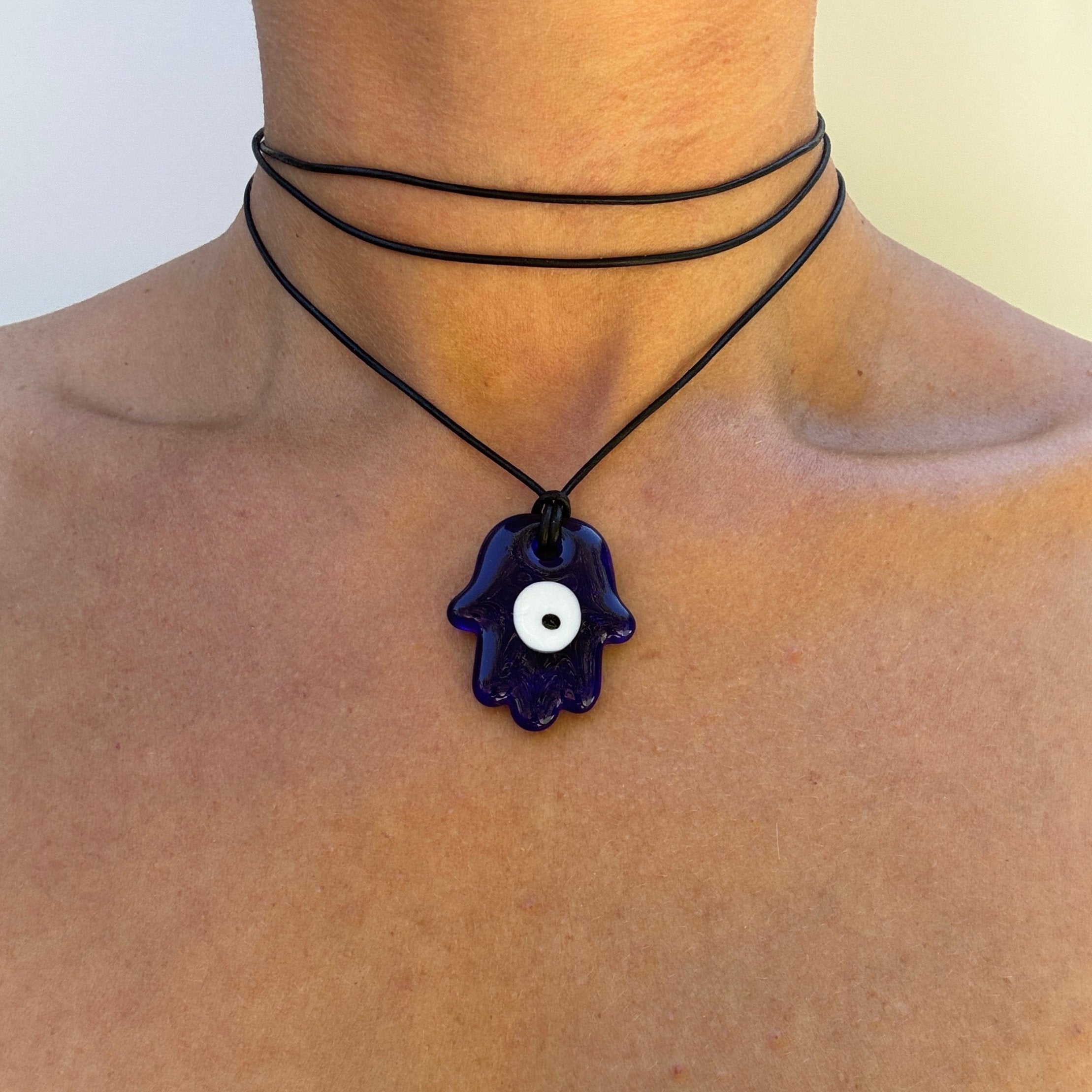 Glass Hamsa Evil Eye Wrap Necklace